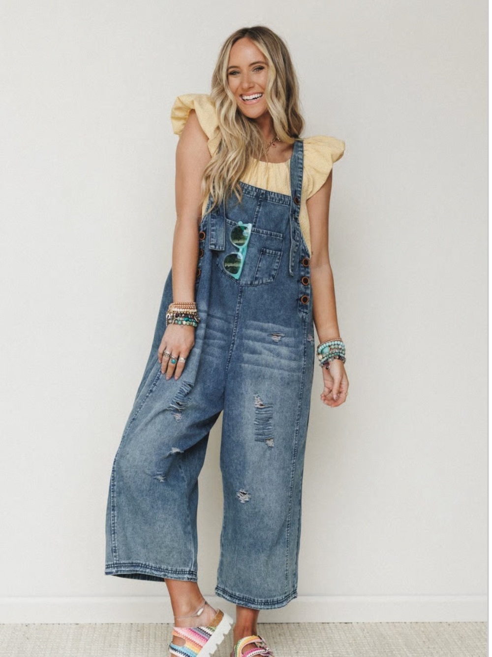 Three Bird Nest “High Hopes” Slouchy Distressed Wide-Leg Denim Overalls